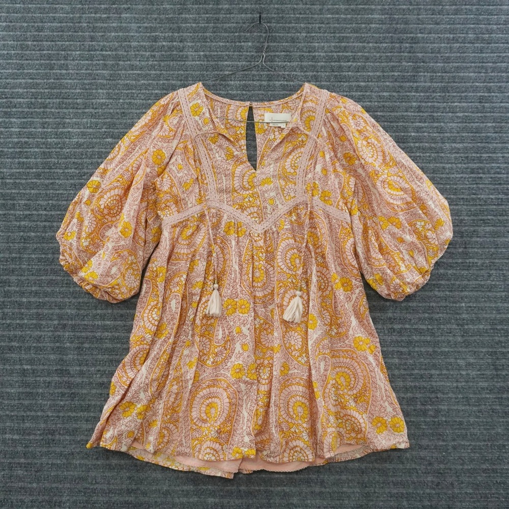 Anthropologie Blouse Womens Size S Pink Yellow Paisley Tassel Lace Babydoll Top